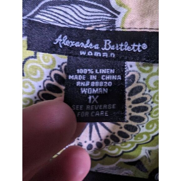 Alexandra Bartlett 100% Linen Green Floral Hawaiian Short Sleeve Button Up Women - Picture 3 of 4